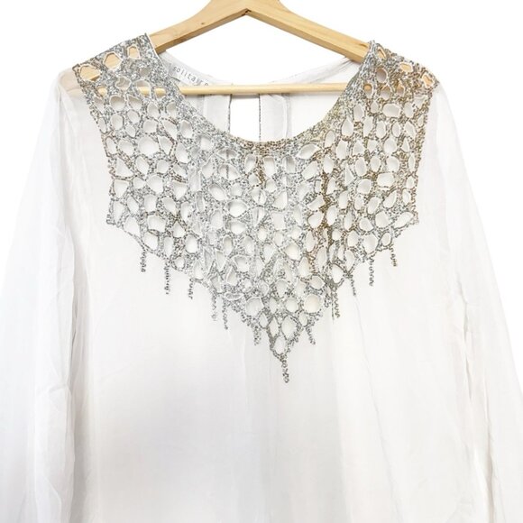 Vintage Solitaire Swim White Sheer Cover Up Beaded Embellished Chiffon Top - Picture 2 of 9